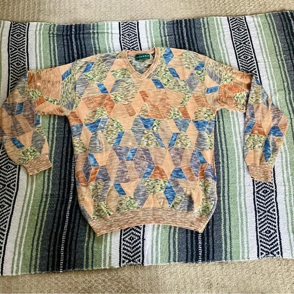 vintage tundra geometric patchwork pattern sweater orange blue green - Picture 1 of 7